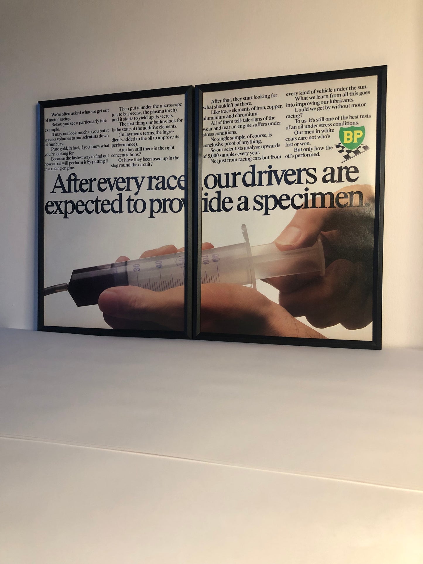 RARE Original Vintage BP Oil Advert  - 'After every race, our drivers are expected to provide a specimen.' - 1990s